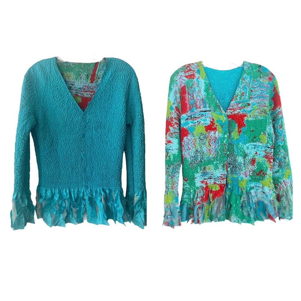 Reversible Crinkled Long Sleeve V Neck Button Up Top Sz L